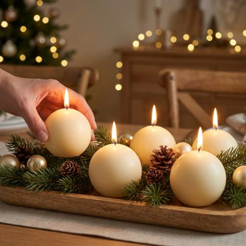 Bougies sphériques couleur crème, 60 mm, lot de 16, bougies de Noël, ambiance festive, label de qualité RAL | Floristik24.be