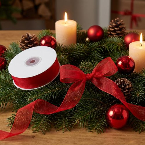 Ruban organza avec lisière en tissu organza 15 mm 50 m rouge | Floristik24.be
