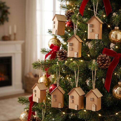 Décorations mini maisons en bois et papier brun rouge naturel - Lot de 9 | Floristik24.be
