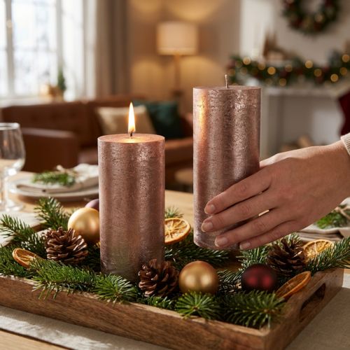 Bougies piliers en cuivre uni, 85 mm x 200 mm, lot de 2 - longue durée de combustion, design métallique festif pour la décoration | Floristik24.be