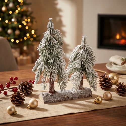 Article Décoration de sapin de Noël vert blanc hiver sur socle en bois H28cm