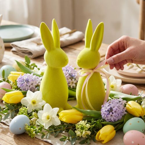 Lapins de Pâques floqués jaune-vert – 2e choix – 8 × 10 × 29 cm, 2 pièces | Floristik24.be