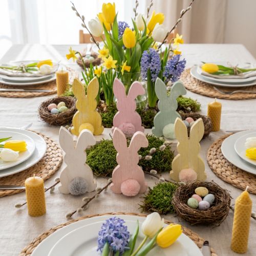 Lapins en bois lapins décoratifs décoration de Pâques bois pastel 8,5×16cm 6 pcs | Floristik24.be