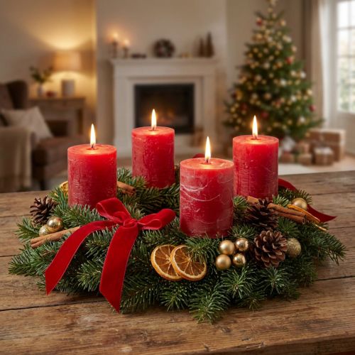 Article Quatre bougies piliers rouges unies, 70x80mm, pour décorations de couronne de l'Avent et de Noël