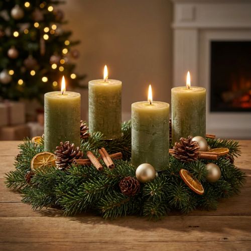 Bougies piliers vert olive uni, 60 × 80 mm, lot de 4, pour la décoration et l'Avent | Floristik24.be