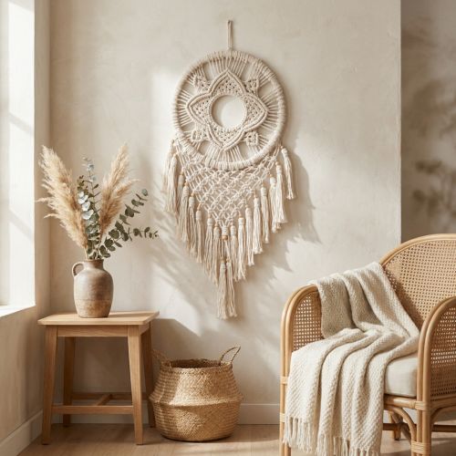 Attrape-rêves mural en macramé couleur crème, décoration bohème, fait main, 29 x 72 cm, pour salon et chambre. | Floristik24.be