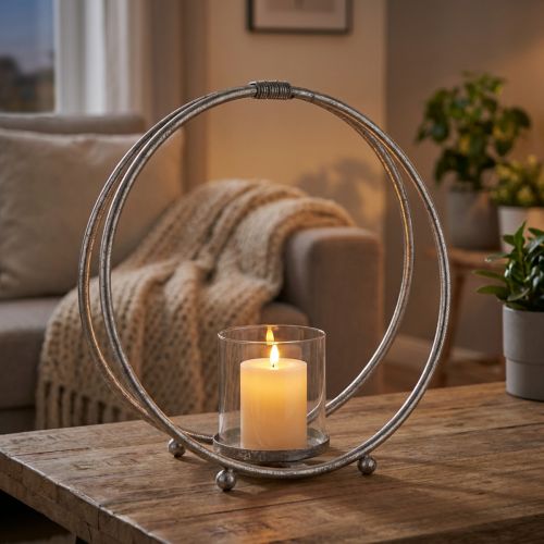 Lanterne métal bougeoir verre argenté Ø33cm | Floristik24.be
