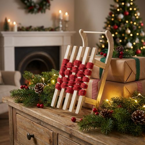 Décoration traîneau en bois avec corde rouge, 42×17×12 cm | Floristik24.be