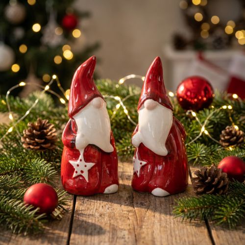 Figurine Père Noël Nicolas céramique rouge, blanche H13,5cm 2pcs | Floristik24.be