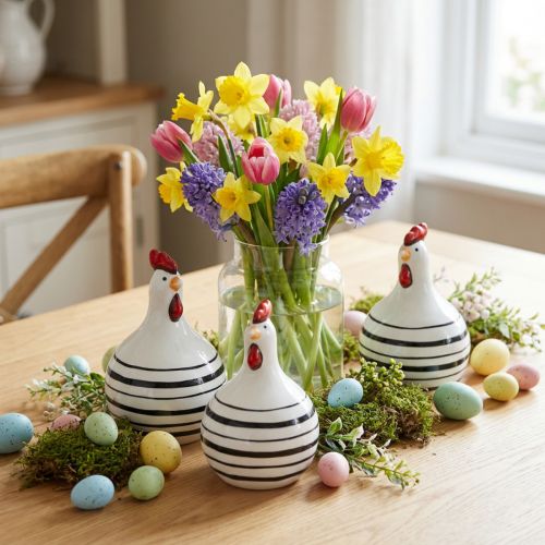 Poulet Décoratif Céramique Blanc Rayures Noires Rond Ø 7cm H11cm 3 pcs | Floristik24.be