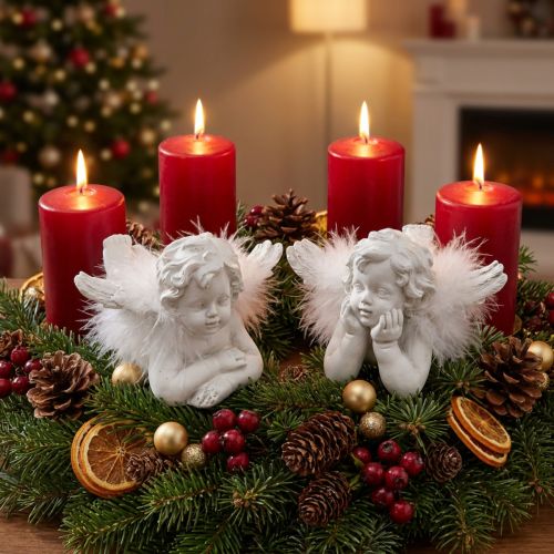 Article Ange couché, décoration de Noël, décoration ange avec plumes, blanc de l'Avent H8 / 8.5cm L14 / 12.5cm lot de 2