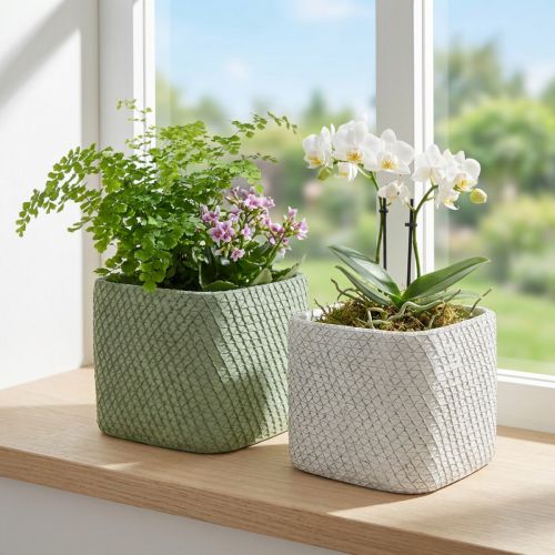 Jardinière en céramique maille relief vert blanc 17x17cm H15cm 2pcs | Floristik24.be