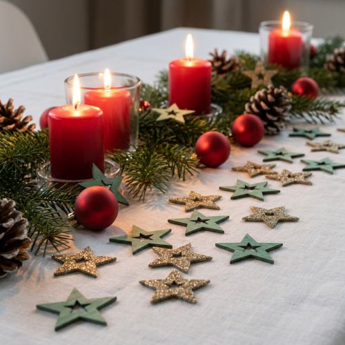 Article Décoration à disperser étoile en bois vert, mélange de poinsettias pailletés 4cm 72 pcs