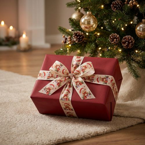 Article Ours en ruban cadeau avec bonnet de Père Noël et cadeaux 40 mm 15 m