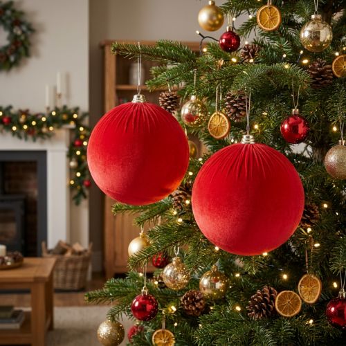 Article Boule de Noël en velours rouge, grande boule décorative à suspendre, 25 cm, lot de 2