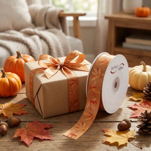 Article Ruban cadeau automne à motifs de feuilles pour emballages créatifs, 25 mm x 18 m