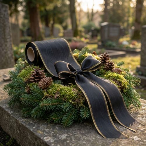 Ruban moiré élégant pour couronne, 175 mm, noir avec bordure nacrée et tissage taffetas, ruban décoratif pour compositions florales funéraires, ruban pour nœud, 25 m | Floristik24.be