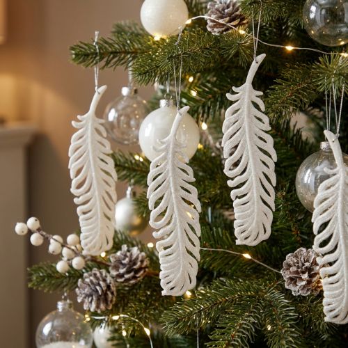 Article Décoration suspendue plume blanche avec paillettes, 19 cm, lot de 12