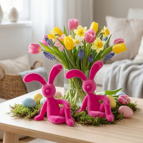 Lapin décoratif assis, idéal pour apporter une touche printanière à votre salon ou bureau, 22 cm, lot de 2. | Floristik24.be