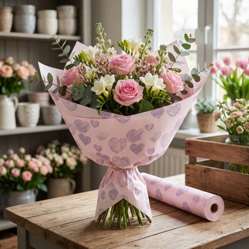 Papier d'emballage fleuri à motifs de cœurs pour créations florales décoratives, 25 cm x 25 m | Floristik24.be