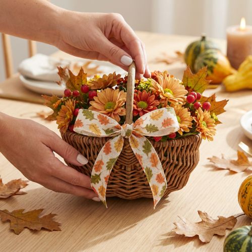 Article Ruban cadeau, ruban en tissu automnal à motifs de feuilles de chêne, couleur crème, 15 mm, 18 m