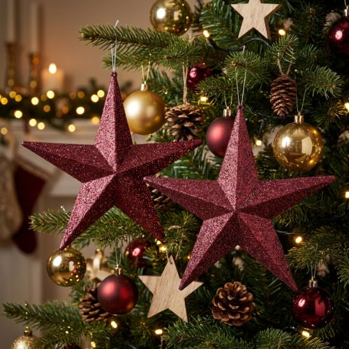Cintre décoratif à paillettes en forme d'étoile bordeaux 21 cm (lot de 2) | Floristik24.be