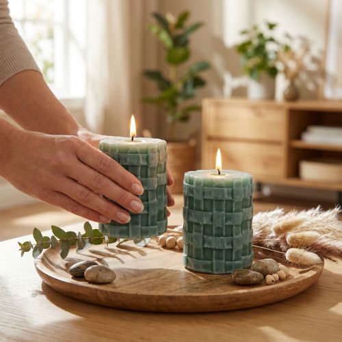 Bougies piliers rustiques vertes 80/65 - lot de 2 bougies décoratives à combustion sûre et longue durée | Floristik24.be