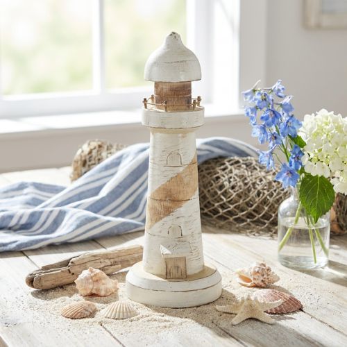 Phare en bois, décoration maritime, blanc naturel, Ø 10,5 cm, H 28,5 cm | Floristik24.be