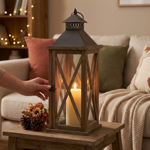 Lanterne décorative en bois lanterne en bois vintage marron 17×17×50cm | Floristik24.be