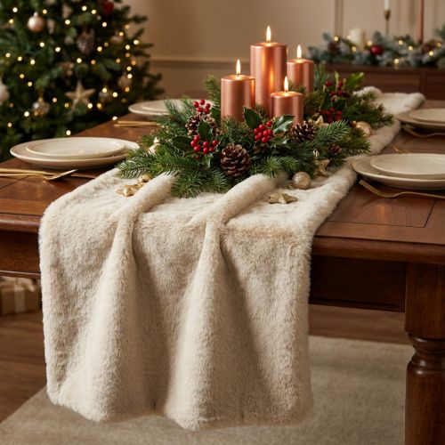 Article Chemin de table en fausse fourrure beige, bande décorative en fourrure, 15 x 200 cm