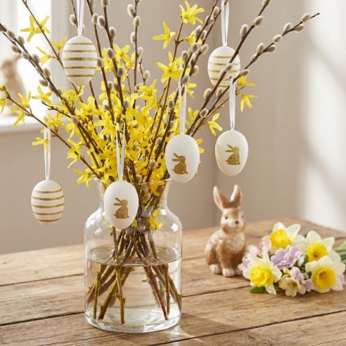 Oeufs de Pâques à suspendre blanc, or triés artificiellement H6cm 12pcs | Floristik24.be