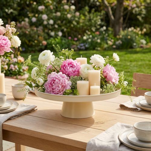 Plateau décoratif rond couleur crème, 30 cm, sur un support pour la décoration de table | Floristik24.be
