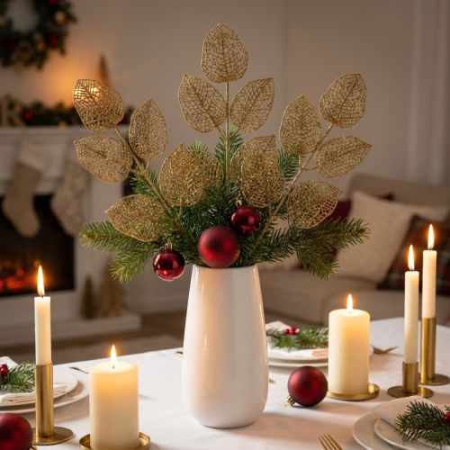 Plantes artificielles, décoration branche, feuille décorative paillettes dorées L36cm 10 pcs | Floristik24.be