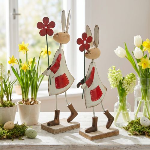 Article Décoration de Pâques, lapin en métal, décoration printanière, lapin de Pâques avec fleur rouge, beige H21cm 2pcs