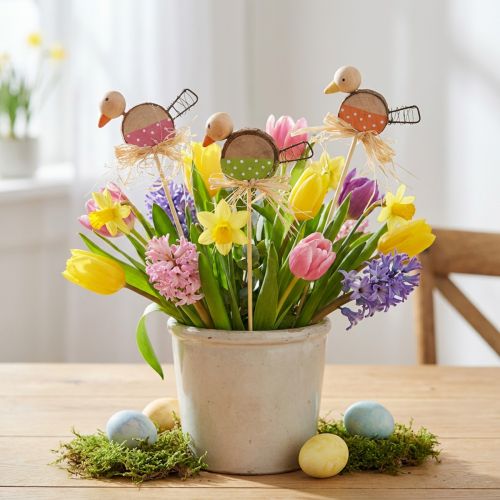 Bouchon de fleur d'oiseau Décoration de printemps en bois Oiseau décoratif sur bâton 8 cm 12 pièces | Floristik24.be