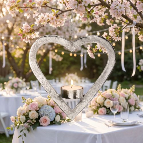 Photophore au coeur, décoration bougie à accrocher, mariage, décoration de l'Avent en métal argenté H17.5cm | Floristik24.be