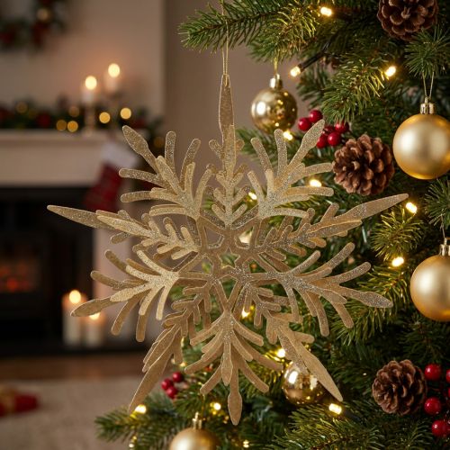 Flocons de neige 3D dorés avec effet scintillant - 16 cm x 15,5 cm - Lot de 2 | Floristik24.be