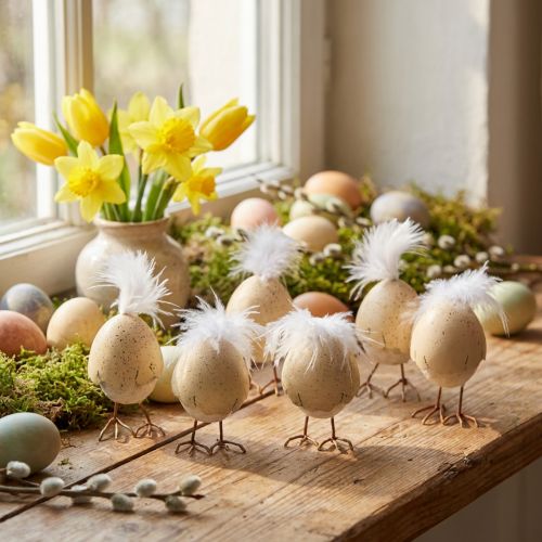 Poussin dans la coquille d'oeuf blanc, crème 6cm 6pcs | Floristik24.be
