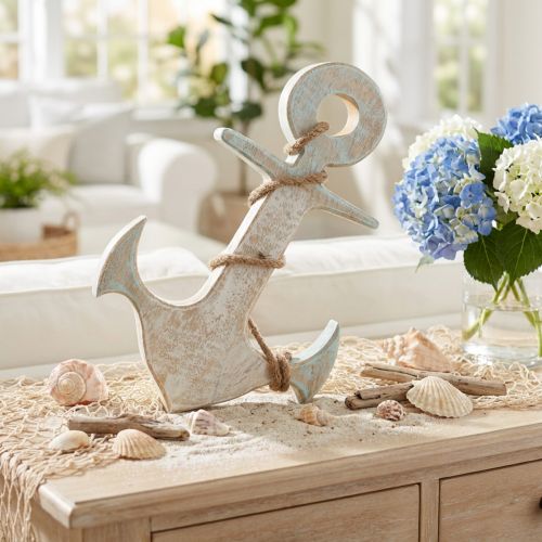 Ancre Déco Bois Déco Maritime Blanc Bleu 24.5cmx14.5cm | Floristik24.be