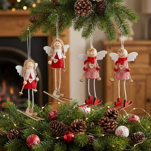 Lot de 4 Figurines d'Anges Skieurs en Bois et Tissu - 15 cm - Rouge et Blanc | Floristik24.be