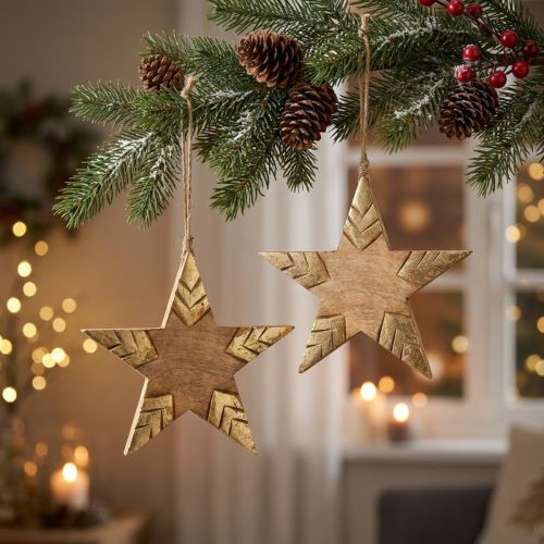 Lot de 2 étoiles en bois de manguier naturel avec détails dorés, 25 cm, à suspendre | Floristik24.be
