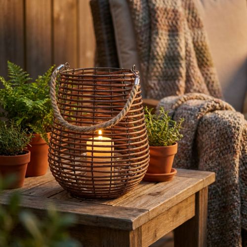 Bougie dans un panier, lanterne avec anse, décoration bougie, panier lanterne Ø24cm H34cm | Floristik24.be