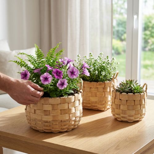 Ensemble de 3 paniers à plantes naturels, paniers à fleurs, jardinières, paniers décoratifs bohèmes, tressés, Ø 18/23/29 cm | Floristik24.be