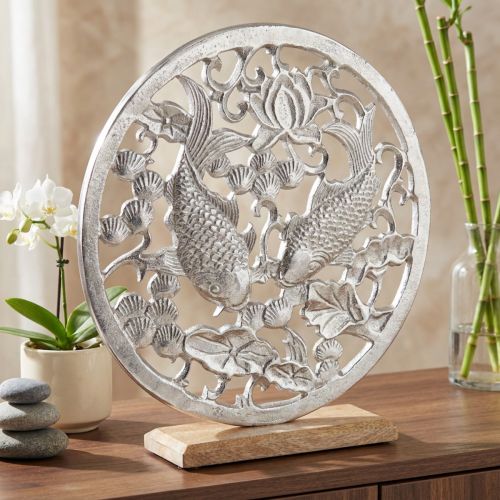 Bague décorative métal socle bois argent lotus décoration koi Ø32cm | Floristik24.be