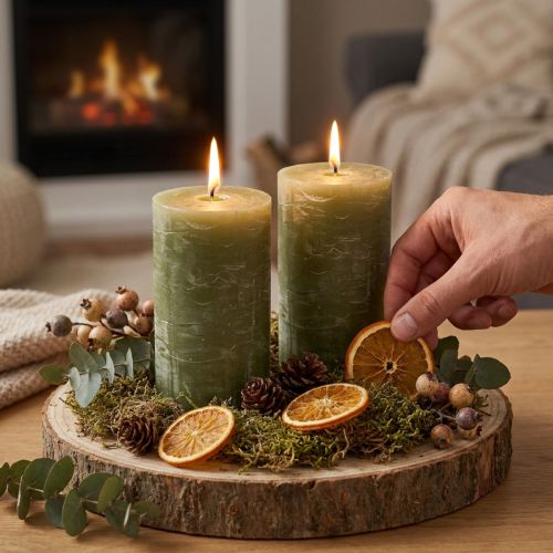 Bougies piliers vert olive 85×150 mm (lot de 2) – Bougies en cire marbrée de couleur unie, durée de combustion de 80 heures | Floristik24.be