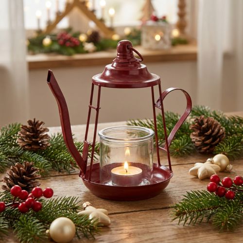 Photophore lanterne en verre cruche métal rouge H22cm | Floristik24.be