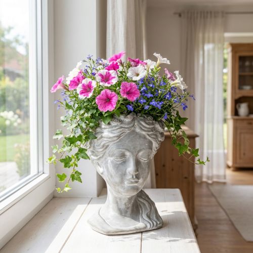 Article Tête de plante jardinière en béton tête de femme blanchie H34cm
