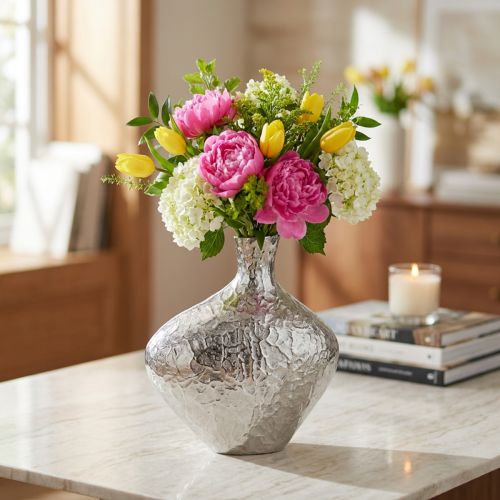 Vase décoratif métal martelé vase à fleurs argent 24x8x27cm | Floristik24.be