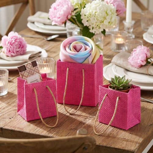 Sacs cadeaux avec poignées papier rose jaune vert aspect textile 10,5cm 12pcs | Floristik24.be