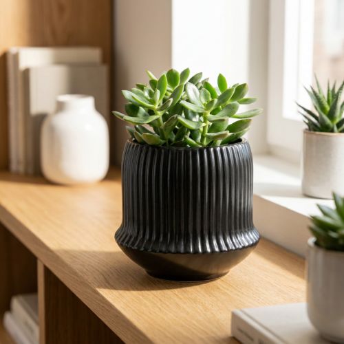 Cache-pot céramique jardinière rainures noir Ø10cm H8.5cm | Floristik24.be